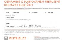 Oznámení o přerušení dodávky elektřiny 29. 6. 2020 - PASEKY